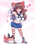  1girl absurdres black_panties blue_skirt bow brown_hair cosplay crop_top elbow_gloves frilled_bow frills gloves hair_bow hair_tubes hakurei_reimu highleg highleg_panties highres kantai_collection long_hair miniskirt panties pleated_skirt red_bow red_eyes riretsuto sailor_collar school_uniform serafuku shimakaze_(kancolle) shimakaze_(kancolle)_(cosplay) sidelocks skirt standing striped striped_legwear sukusuku_hakutaku thighhighs thong touhou underwear white_gloves 