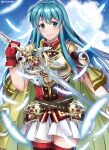  1girl aqua_eyes aqua_hair armor bangs belt blue_sky boots breastplate cape cloud cloudy_sky earrings eirika_(fire_emblem) feathers fingerless_gloves fire_emblem fire_emblem:_the_sacred_stones fire_emblem_heroes gloves highres holding holding_sword holding_weapon jewelry long_hair maji_(majibomber) red_gloves shoulder_armor sidelocks skirt sky smile solo sword thigh_boots thighhighs weapon white_skirt 