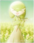  1girl :d ^_^ bangs blurry blurry_background bob_cut border closed_eyes colored_eyelashes colored_skin commentary facing_viewer field flat_chest flower flower_field french_text gardevoir gradient_sky green_hair green_skin green_sky green_theme hair_between_eyes hands_up happy holding holding_flower lily_of_the_valley lotosu multicolored_skin open_mouth own_hands_together pokemon pokemon_(creature) shiny shiny_hair short_hair sky smile solo standing sunlight translated two-tone_skin white_border white_flower white_skin 