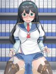  1boy 1girl black_hair blue_panties blush book bookshelf breasts commentary_request glasses green_eyes hetero kantai_collection medium_breasts mimofu_(fullhighkick) miniskirt ooyodo_(kancolle) open_mouth panties panties_on_penis panties_removed penis pussy_juice school_uniform serafuku side_slit skirt smile solo_focus sweat underwear 