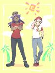 2boys alternate_costume bangs baseball_cap closed_mouth collarbone commentary_request crossed_arms framed grey_pants hand_in_pocket hat leon_(pokemon) long_hair male_focus multiple_boys nagi_(exsit00) notice_lines pants pokemon pokemon_(game) pokemon_sm pokemon_swsh purple_hair red_(pokemon) red_footwear red_shirt shirt shoes short_hair short_sleeves smile spiked_hair t-shirt 