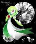  1girl bangs black_background blush bob_cut character_name choker colored_skin commentary crystal dated diamond_(gemstone) english_text eyebrows_visible_through_hair flat_chest full_body gardevoir gem green_hair green_skin hair_over_one_eye hand_to_own_mouth hand_up happy heart heart_in_eye lace lace_choker looking_at_viewer lotosu mega_stone multicolored_skin open_mouth outstretched_arm pokemon pokemon_(creature) shiny shiny_hair short_hair smile solo standing symbol_in_eye transparent two-tone_skin white_skin 