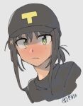  1girl alternate_costume artist_logo artist_name black_hair black_headwear blush closed_mouth commentary ergot face fubuki_(kancolle) green_eyes grey_background hair_between_eyes hat kantai_collection looking_at_viewer portrait short_hair short_ponytail simple_background solo 