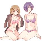  2girls :/ alternate_costume bangs bare_arms bare_shoulders bead_necklace beads bikini blush breasts brown_eyes brown_hair brown_jacket cleavage collarbone eyebrows_visible_through_hair flower fueguchi_hinami hair_flower hair_ornament hair_over_one_eye jacket jacket_on_shoulders jewelry kirishima_touka medium_breasts mole mole_on_breast multiple_girls navel necklace seiza shell shell_bikini shiny shiny_hair short_hair simple_background sitting smile stomach swimsuit tokyo_ghoul toukaairab white_background yokozuwari 