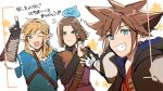 3boys armor bangs blonde_hair blue_eyes blush brown_eyes brown_hair dragon_quest dragon_quest_xi earrings fingerless_gloves gloves hero_(dq11) highres jewelry kingdom_hearts kingdom_hearts_i kingdom_moto link long_hair long_sleeves looking_at_viewer male_focus multiple_boys one_eye_closed open_mouth selfie short_hair slime_(dragon_quest) smile sora_(kingdom_hearts) spiked_hair super_smash_bros. the_legend_of_zelda the_legend_of_zelda:_breath_of_the_wild trait_connection 