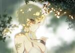  1girl bangs blonde_hair blurry blurry_background blush breasts cleavage dress eyebrows_visible_through_hair flower genshin_impact gloves hair_between_eyes hair_flower hair_ornament highres ia_(ias1010) korean_commentary large_breasts leaf looking_at_viewer lumine_(genshin_impact) outdoors parted_lips partially_fingerless_gloves rain shade short_hair_with_long_locks solo upper_body white_dress white_flower yellow_eyes 