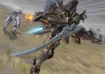  cloud cloudy_sky explosion holding holding_sword holding_weapon jubey looking_ahead mecha motion_blur mountain muvluv muvluv_alternative muvluv_unlimited:_the_day_after no_humans rafale_(muvluv) science_fiction sky sword tactical_surface_fighter takemikazuchi_(muvluv) thrusters visor weapon 