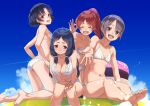  4girls bangs barefoot beach bikini black_eyes black_hair blush breasts brown_eyes brown_hair cleavage collarbone doughnut eyebrows_visible_through_hair feet food grey_hair hair_ornament idolmaster idolmaster_cinderella_girls kawaty long_hair looking_at_viewer multiple_girls navel ohnuma_kurumi open_mouth otokura_yuuki ponytail shiina_noriko shiragiku_hotaru short_hair smile soles swimsuit toes twintails wavy_mouth white_bikini white_swimsuit 