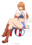  1girl absurdres american_flag_bikini bikini bikini_under_clothes blue_eyes blue_shorts boots breasts brown_footwear charlotte_e._yeager clothes_lift denim denim_shorts flag_print front-tie_bikini front-tie_top full_body highres large_breasts navel orange_hair shirt shirt_lift short_shorts short_sleeves shorts simple_background sitting solo stayaliveplz strike_witches swimsuit t-shirt white_background white_shirt world_witches_series 