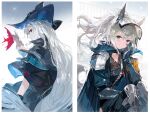  2girls absurdres alchemaniac animal_ears aqua_capelet aqua_jacket arknights armband armor bangs black_capelet black_choker black_gloves black_headwear blush border capelet choker collage collarbone collared_capelet commentary english_commentary eyebrows_visible_through_hair fish fish_request gauntlets gloves gradient gradient_background grani_(arknights) grey_background grey_capelet grey_hair grin hair_between_eyes hand_on_own_cheek hand_on_own_face hand_up hat high_ponytail highres horse_ears horse_tail jacket layered_capelet layered_sleeves long_hair looking_at_viewer looking_back multiple_girls open_clothes open_jacket pale_skin parted_lips pauldrons photoshop_(medium) ponytail profile purple_eyes red_eyes shiny shiny_hair shooting_star short_sleeves shoulder_armor sideways_glance silver_hair skadi_(arknights) smile star_(sky) tail very_long_hair white_border white_hair 