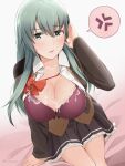 1girl anger_vein befu blouse blush bra breasts brown_cardigan brown_skirt cardigan cleavage collarbone cum cum_on_body cum_on_breasts cum_on_clothes eyebrows_visible_through_hair green_eyes green_hair hair_between_eyes hair_ornament hairclip highres kantai_collection large_breasts long_hair long_sleeves neck_ribbon open_blouse open_cardigan open_clothes open_mouth pleated_skirt purple_bra red_ribbon remodel_(kantai_collection) ribbon skirt solo spoken_anger_vein suzuya_(kancolle) underwear white_blouse 