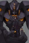  1boy bangs black_jacket brown_hair clothes_around_waist grey_background hair_over_one_eye highres holding_person jacket jacket_around_waist male_focus mecha muvluv muvluv_alternative muvluv_unlimited:_the_day_after one_eye_covered open_hand pilot_suit science_fiction shirogane_takeru tactical_surface_fighter takemikazuchi_(muvluv) takuden visor 