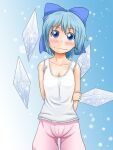  1girl arm_behind_back blue_background blue_eyes blue_hair bow breasts cirno cleavage commentary_request gradient gradient_background hair_bow ice ice_wings mimofu_(fullhighkick) pink_shorts short_hair shorts small_breasts smile snow solo tank_top touhou white_tank_top wings 