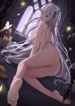  1girl absurdres bare_legs barefoot breasts bug butterfly butterfly_hair_ornament colored_eyelashes commission commissioner_upload echidna_(re:zero) feet glowing_butterfly green_butterfly hair_ornament highres large_breasts legs long_hair looking_at_viewer looking_back md5_mismatch nev_(nevblindarts) re:zero_kara_hajimeru_isekai_seikatsu resolution_mismatch silver_hair soles source_smaller striped toes vertical_stripes very_long_hair 