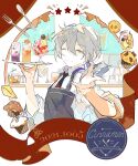  1boy apron aqua_eyes banner black_necktie blue_apron blue_bow bow cocktail_glass commentary cookie cup cupcake dated drinking_glass english_text ensemble_stars! ezu_(e104mjd) food fork glass grey_hair hair_bow highres jar knife male_focus muffin necktie one_eye_closed pointing pointing_at_viewer shiina_niki shirt short_ponytail short_sleeves solo star_(symbol) symbol-only_commentary upper_body white_shirt 