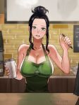  1girl absurdres apron bangs bare_shoulders barista black_hair blush breasts cleavage collarbone commentary cup disposable_cup english_commentary green_apron highres holding holding_cup iced_latte_with_breast_milk_(meme) joy_boy large_breasts long_hair looking_at_viewer meme naked_apron nico_robin one_piece solo starbucks straw_hats_jolly_roger 