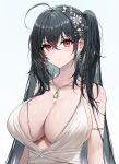  1girl absurdres aer7o ahoge arm_strap azur_lane bangs bare_shoulders black_hair breasts cleavage closed_mouth collarbone dress earrings flower hair_between_eyes hair_flower hair_ornament hair_strand highres jewelry large_breasts long_hair looking_at_viewer messy_hair necklace official_alternate_costume red_eyes side_ponytail sideboob sleeveless solo taihou_(azur_lane) taihou_(temptation_on_the_sea_breeze)_(azur_lane) upper_body white_background white_dress 