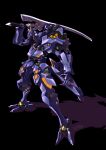  absurdres black_background glowing glowing_eye heyzan highres holding holding_sword holding_weapon mecha muvluv muvluv_alternative muvluv_alternative_(anime) no_humans open_hand orange_eyes science_fiction solo standing sword tactical_surface_fighter takemikazuchi_(muvluv) weapon 