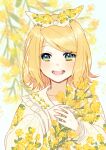  1girl bangs blonde_hair blurry blurry_background blush bow collar collarbone commentary eyebrows_visible_through_hair floral_background floral_print flower frilled_collar frills green_eyes hair_bow hinata_(princess_apple) holding holding_flower kagamine_rin long_sleeves looking_at_viewer mimosa_(flower) open_mouth pollen sailor_collar sketch smile solo swept_bangs vocaloid yellow_flower 