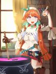  1girl absurdres atelier_(series) atelier_ryza belt cauldron cosplay gloves hat highres holding hololive hololive_english jewelry necklace open_mouth potion red_shorts reisalin_stout reisalin_stout_(cosplay) riamu_(liam_razo) short_hair short_shorts shorts solo takanashi_kiara thighhighs vial virtual_youtuber window 