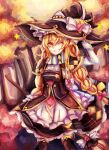  1girl ;d absurdres autumn_leaves blonde_hair braid broom frilled_skirt frills hat hat_ornament highres kirisame_marisa long_hair looking_at_viewer one_eye_closed open_mouth scarf single_braid skirt smile solo star_(symbol) star_hat_ornament thighhighs touhou witch_hat yakumo_1041624199 yellow_eyes 