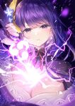  1girl artist_name bangs bow bowtie breasts electricity eyebrows_visible_through_hair flower fujimori_shiki genshin_impact hair_flower hair_ornament hand_up highres holding holding_sword holding_weapon human_scabbard japanese_clothes large_breasts long_hair looking_at_viewer messy_hair parted_lips purple_eyes purple_hair raiden_shogun sidelocks solo sword sword_out_of_chest upper_body weapon 