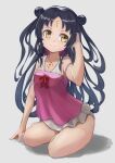  1girl arm_up black_hair brown_eyes camisole child double_bun facial_mark fate/grand_order fate_(series) forehead forehead_mark grey_background hair_bun hand_in_hair long_hair one-piece_swimsuit pink_camisole sesshouin_kiara sesshouin_kiara_(lily) simple_background sitting smile solo swimsuit thighs very_long_hair white_swimsuit wujiemang 
