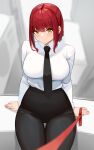  1girl absurdres bangs black_pants breasts chainsaw_man collar collared_shirt cromwellb dress_shirt highres large_breasts leaning_back leash looking_at_viewer makima_(chainsaw_man) necktie pants red_hair ringed_eyes shirt sitting smile thick_thighs thigh_gap thighs yellow_eyes 