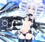  1girl bare_shoulders black_gloves black_legwear black_sister blush breasts choujigen_game_neptune_mk2 commentary_request crop_top drill_hair elbow_gloves eyebrows_visible_through_hair fang giga-tera gloves green_eyes hair_between_eyes highres looking_at_viewer medium_hair midriff navel neptune_(series) o-ring o-ring_top power_symbol revealing_clothes sideboob silver_hair skin_fang sleeveless small_breasts smile solo symbol-shaped_pupils tears twin_drills 
