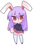  1girl :3 animal_ears bangs blouse brown_footwear collared_blouse crescent crescent_pin highres light_purple_hair long_hair long_sleeves medium_skirt necktie op_na_yarou pink_skirt pleated_skirt purple_hair rabbit_ears rabbit_tail red_eyes red_necktie reisen_udongein_inaba shoes simple_background skirt solo suit_jacket tail thighhighs touhou v-shaped_eyebrows very_long_hair white_background white_blouse white_legwear 
