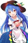  1girl :d black_headwear blue_hair bow bowtie commentary e.o. eyebrows_visible_through_hair food fruit hair_between_eyes hat highres hinanawi_tenshi holding holding_food holding_fruit long_hair looking_at_viewer open_mouth orange_eyes peach puffy_short_sleeves puffy_sleeves red_bow red_bowtie short_sleeves simple_background smile solo touhou white_background 