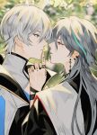  2boys bangs blue_eyes blurry blurry_background chengemuying closed_mouth coat earrings grey_hair hair_between_eyes highres honkai_(series) honkai_impact_3rd index_finger_raised jewelry kevin_kaslana long_hair long_sleeves looking_at_another multiple_boys outdoors red_eyes short_hair su_(honkai_impact) tattoo white_coat white_hair yaoi 