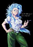  1girl absurdres belt black_background blue_eyes blue_hair bracelet breasts bulma cigarette collaboration dragon_ball dragon_ball_z earrings green_pants grin highres holding holding_cigarette jewelry large_breasts long_hair messy_hair pants shirt simple_background sm318 smile solo twitter_username very_long_hair white_shirt 