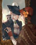  2girls ascot bangs black_headwear black_ribbon blood blood_on_clothes bloodborne bonnet brown_gloves cloak doll_joints fingerless_gloves flower gloves grey_eyes hair_ribbon hat hat_feather hat_flower highres jiro_(ninetysix) joints lady_maria_of_the_astral_clocktower long_hair long_sleeves looking_at_another low_ponytail mirror multiple_girls orange_flower plain_doll ponytail red_gloves red_headwear ribbon rose short_hair teeth the_old_hunters tricorne 