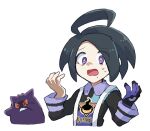  &gt;_&lt; 1boy ahoge allister_(pokemon) black_hair bright_pupils chiimako collared_shirt commentary_request eyebrows_visible_through_hair frown gengar gloves hands_up long_sleeves male_focus mole mole_under_mouth open_mouth pokemon pokemon_(creature) pokemon_(game) pokemon_swsh purple_eyes raised_eyebrows shirt short_hair simple_background single_glove suspenders teeth tongue upper_body white_background white_pupils 