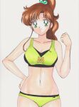  1girl bare_shoulders bishoujo_senshi_sailor_moon breasts brown_hair bush cleavage closed_mouth collarbone commentary earrings english_commentary eyebrows_visible_through_hair green_eyes hair_ornament hand_on_hip hand_up highres jewelry kino_makoto long_hair looking_at_viewer navel noah65478 ponytail simple_background smile solo sports_bikini standing 