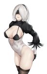  1girl bangs black_hairband black_legwear blindfold breasts cleavage commentary_request covered_nipples feather_trim gloves hair_ornament hairband hand_on_own_ass highleg highleg_leotard highres leotard lips long_sleeves medium_breasts mole mole_under_mouth nier_(series) nier_automata nyatokanyaru pale_skin parted_lips puffy_sleeves short_hair simple_background solo thighhighs thighs white_background white_hair yorha_no._2_type_b 
