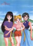  1990s_(style) 3girls absurdres bangs bishoujo_senshi_sailor_moon black_eyes black_hair blonde_hair blue_eyes blue_hair casual copyright_name crossed_arms day double_bun feet_out_of_frame highres hino_rei long_hair looking_at_viewer midriff mizuno_ami multiple_girls official_art one_eye_closed open_mouth outdoors retro_artstyle rural scan short_hair short_sleeves shorts sleeveless smile standing tsukino_usagi twintails very_long_hair 