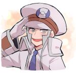  1boy blue_necktie blush chiimako coat collared_shirt commentary_request emmet_(pokemon) gloves grey_eyes grey_hair hand_up hat long_sleeves male_focus necktie open_clothes open_coat open_mouth pokemon pokemon_(game) pokemon_bw salute shirt short_hair sideburns smile solo tongue upper_body white_coat white_headwear white_shirt 