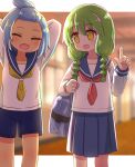  2girls :d ^_^ arms_behind_head arms_up bag bangs_pinned_back blue_hair blue_sailor_collar blue_shorts blue_skirt blurry blurry_background blush braid closed_eyes collarbone commentary_request dark-skinned_female dark_skin depth_of_field dohna_dohna_issho_ni_warui_koto_o_shiyou fang feet_out_of_frame green_hair hand_up highres index_finger_raised long_hair long_sleeves low_twintails mob_(dohna_dohna) multiple_girls naga_u neckerchief open_mouth pleated_skirt red_neckerchief sailor_collar school_bag school_uniform serafuku shirt short_shorts shorts skirt smile twin_braids twintails white_shirt yellow_eyes yellow_neckerchief 