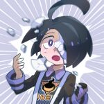  1boy :o ahoge allister_(pokemon) black_hair blurry bright_pupils chiimako collared_shirt commentary_request crack cracked_mask emphasis_lines gloves hands_up long_sleeves looking_at_viewer male_focus mask mole mole_under_mouth open_mouth pokemon pokemon_(game) pokemon_swsh purple_eyes shirt short_hair single_glove solo suspenders tongue upper_body white_pupils 