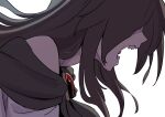  1girl absurdres bare_shoulders black_hair brooch close-up commentary_request covered_eyes highres imaizumi_kagerou jewelry kawayabug long_hair no_eyes partial_commentary sharp_teeth simple_background solo teeth touhou white_background 