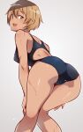  1girl ass bangs black_swimsuit blonde_hair brave_witches brown_eyes commentary_request competition_swimsuit em_(totsuzen_no_hakike) eyebrows_visible_through_hair from_behind hair_between_eyes hands_on_own_legs kneepits leaning_forward looking_at_viewer looking_back one-piece_swimsuit open_mouth short_hair simple_background smile solo standing swimsuit waltrud_krupinski wet white_background world_witches_series 