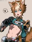  1boy animal_ears armor bangs black_gloves blue_eyes brown_hair fang fox_boy fox_ears fox_tail genshin_impact gloves gorou_(genshin_impact) grey_background hair_between_eyes highres japanese_armor japanese_clothes male_focus multicolored_hair oinari_33 open_mouth paw_print simple_background solo spoken_paw streaked_hair tail tassel twitter_username upper_body white_hair 