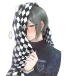  ... 1boy bangs black_scarf blush brown_eyes checkered checkered_scarf danganronpa_(series) danganronpa_v3:_killing_harmony embarrassed holding holding_clothes holding_scarf jacket long_sleeves looking_down male_focus one_eye_covered saihara_shuuichi scarf scarf_removed shiny shiny_hair simple_background solo spoken_ellipsis striped striped_jacket sumika_(rrz03) sweatdrop upper_body white_background white_scarf 