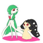  2girls arms_at_sides bangs black_hair black_skin blunt_bangs closed_mouth colored_skin commentary enden_(pixiv_57969220) flat_chest flat_color full_body gardevoir green_hair green_skin hair_over_one_eye hands_up happy height_difference highres long_hair looking_at_another looking_down looking_to_the_side mawile multicolored_skin multiple_girls playing_with_own_hair pokemon pokemon_(creature) red_eyes sharp_teeth shiny shiny_hair shiny_skin short_hair smile standing teeth two-tone_skin very_long_hair white_background white_skin yellow_skin 