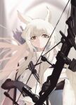  1girl animal_ears arknights black_gloves blurry blurry_background bow bow_(weapon) commentary compound_bow floating_hair gloves highres holding holding_bow_(weapon) holding_weapon horse_ears jacket long_hair looking_at_viewer midu5 platinum_(arknights) quiver sidelocks solo straight-on upper_body weapon white_hair white_jacket yellow_eyes 