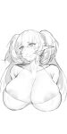  1girl absurdres areola_slip areolae bangs blonde_hair blush breasts cleavage closed_mouth collarbone covered_nipples dark_elven_forest_ranger dark_skin devin_(ddagijk) elf gloves greyscale highres huge_breasts korean_commentary last_origin long_hair mask monochrome mouth_mask pointy_ears simple_background sketch surgical_mask sweat two_side_up upper_body white_background 