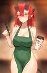  1girl absurdres apron bare_arms bare_shoulders black_bow blurry blurry_background blush bow breasts cleavage collarbone covered_navel cowboy_shot cup depth_of_field disposable_cup green_apron hair_bow highres holding holding_cup holding_marker horns iced_latte_with_breast_milk_(meme) large_breasts long_hair looking_at_viewer marker meme naked_apron one_side_up original parted_lips pointy_ears red_hair reiji-rj solo starbucks tail thighs 