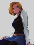  1girl :o android_18 belt black_pants black_shirt blonde_hair blue_eyes blue_shorts brown_belt commentary_request dragon_ball dragon_ball_z earrings grey_background jewelry kemachiku long_sleeves looking_at_viewer pants shirt short_hair shorts simple_background sitting solo striped_sleeves 